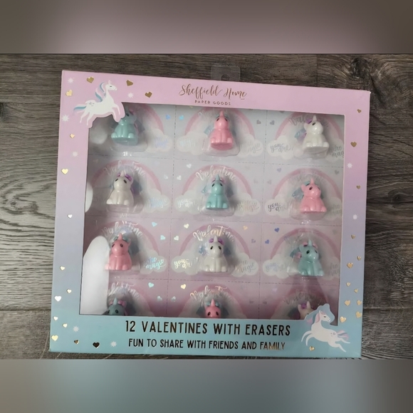 Valentine's Unicorn Erasers & Cards (12) NEW - Picture 2 of 2